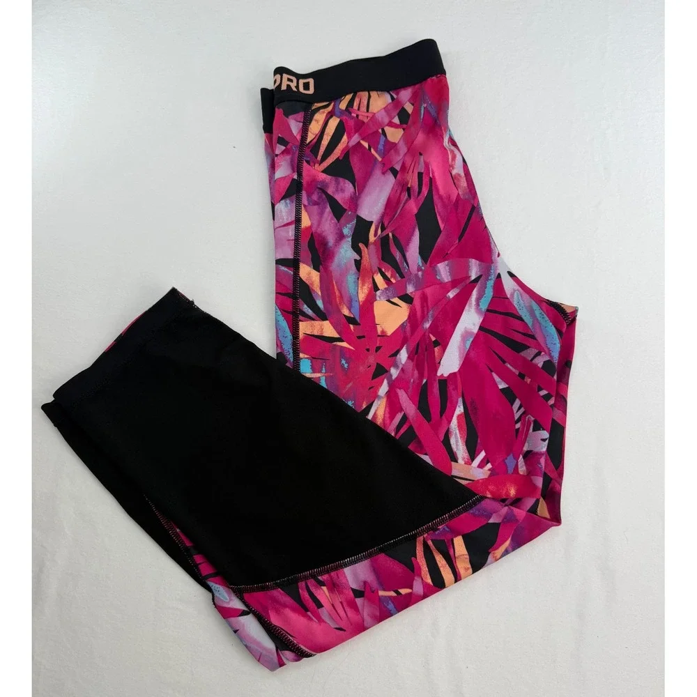 Nike Pro Dri-FIT Womens Tropical Palm Print Cropped Leggings Pink Purple Medium